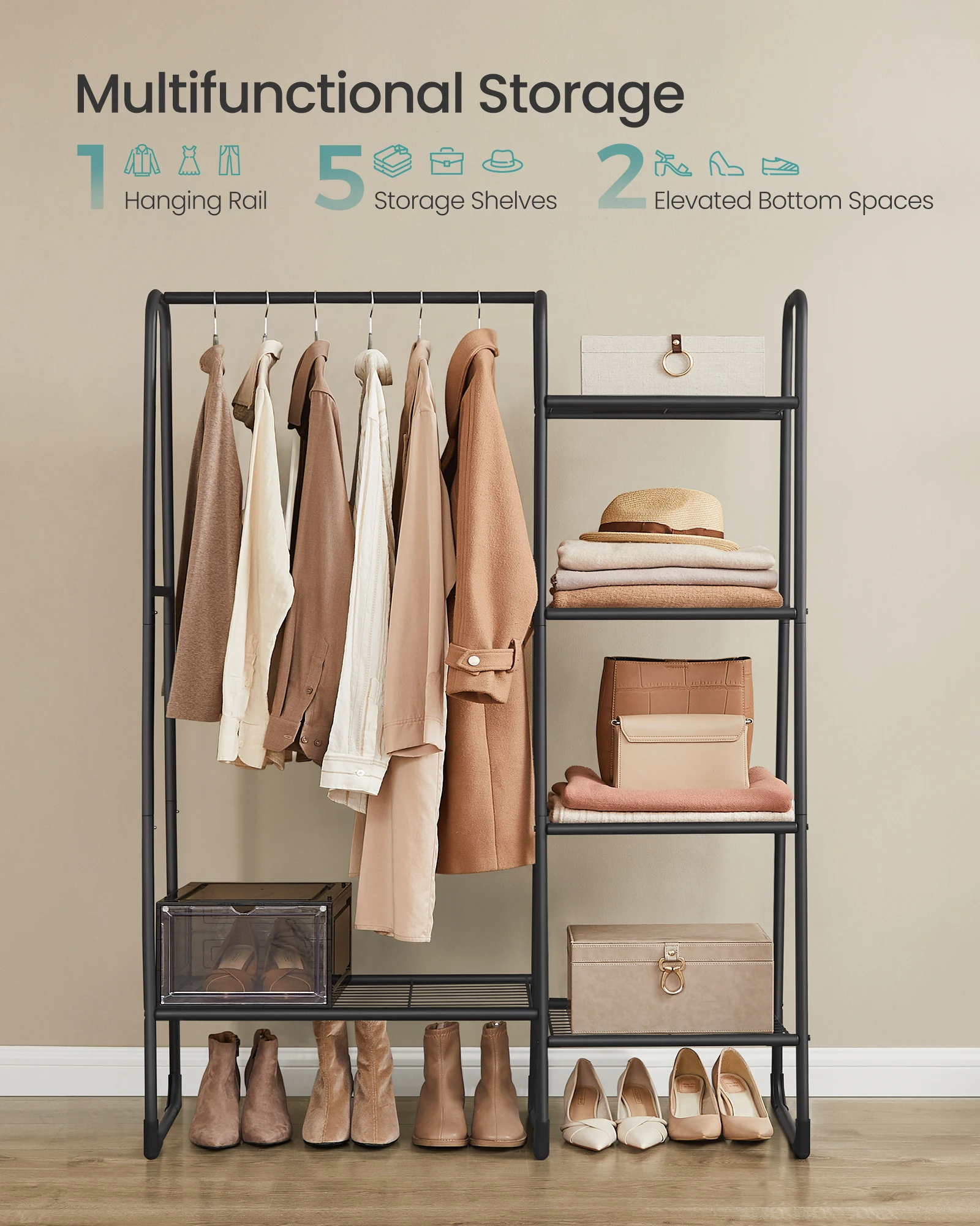 SONGMICS Clothes Rail, Freestanding Clothes Rack, 5 Storage Shelves, Metal Frame, 40 x 101.7 x 153.3 cm