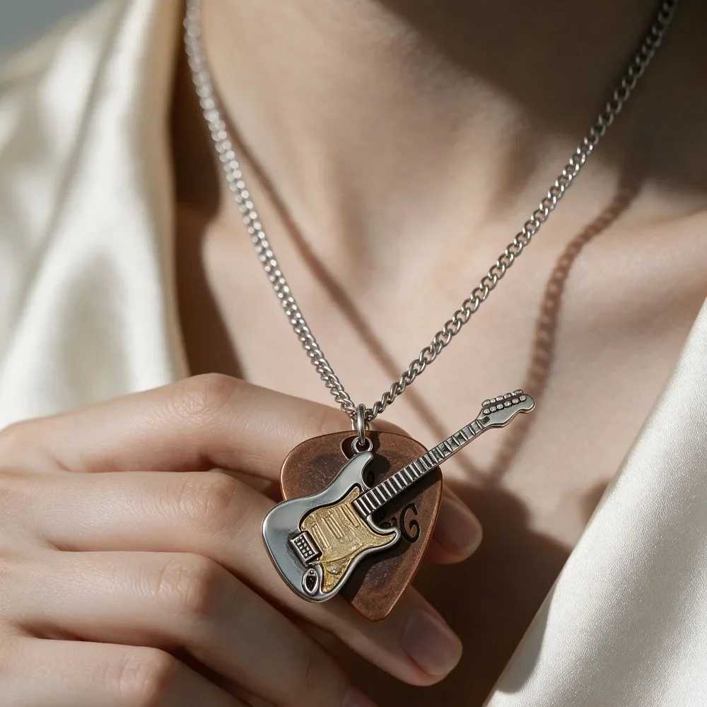 Hip Hop Punk Guitar Pick Pendant Necklace Stainless Steel Rock Jewelry Men Women Long Sweater Chain