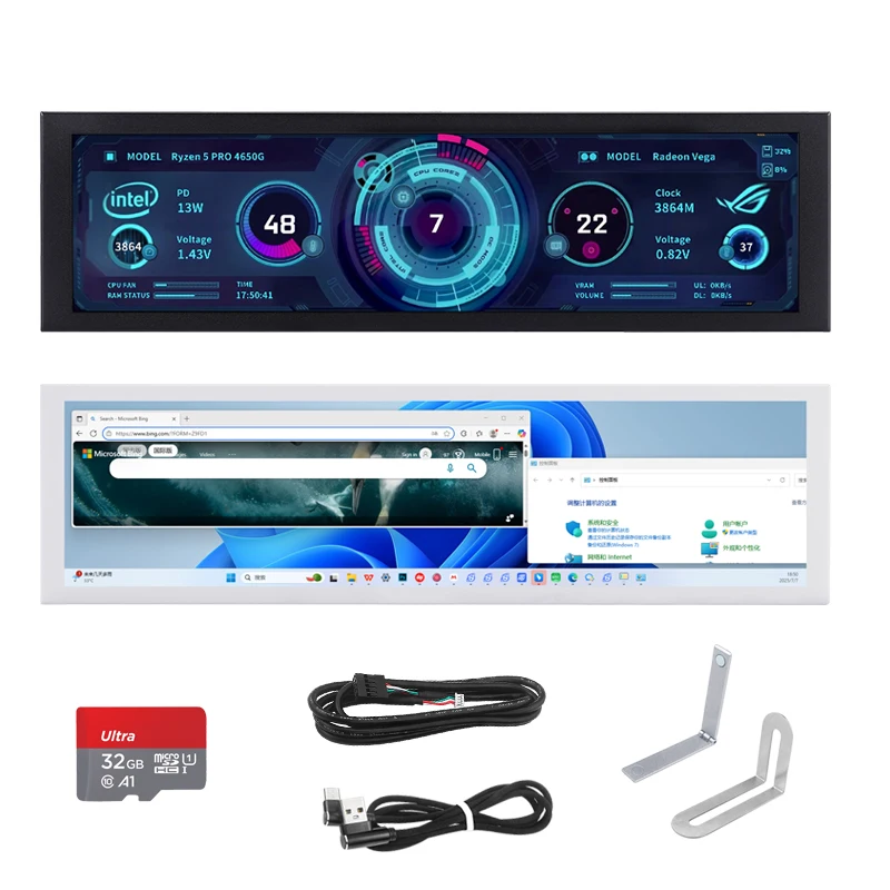 TURZX 8,8-calowy ekran pomocniczy USB Type-C Ekran rozszerzający na biurko Odtwarzanie kart TF 1920*480 IPS LCD CPU RAM GPU Monitor BEZ AIDA64 — zdjęcie produktu 7