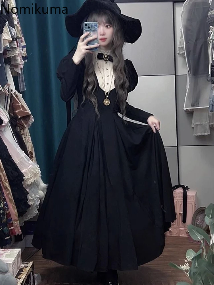 

Макси-платья женские на Хэллоуин в готическом стиле Harajuku Robe Femme 2024, Vestidos De Mujer, черное платье в стиле Лолиты с тонкой талией и пышными рукавами