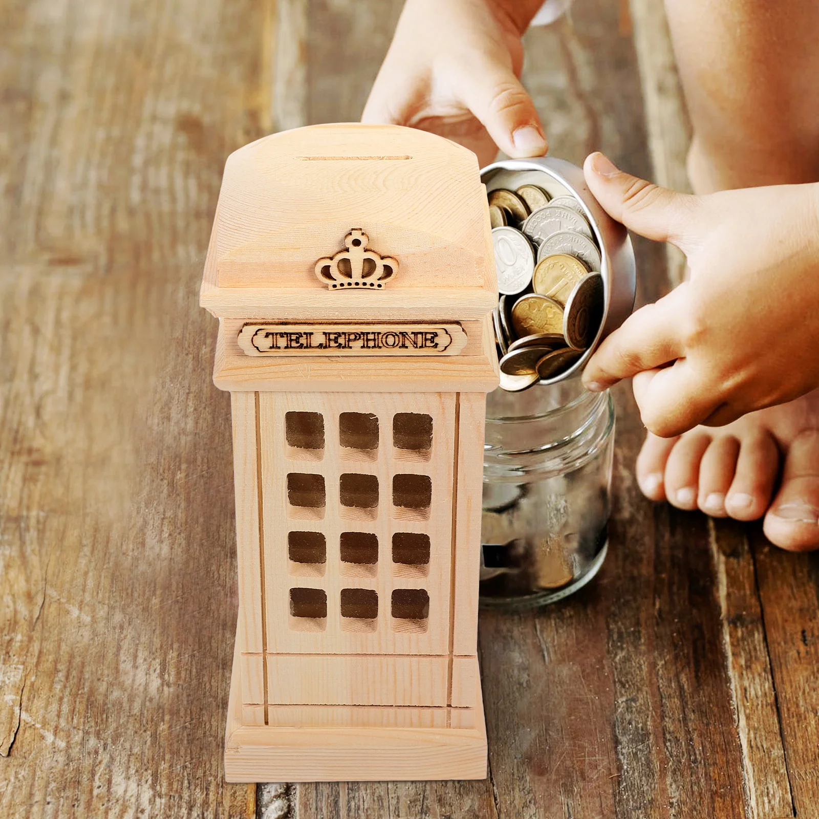 

Wooden Phone Piggy Bank Coin Change Container Container Jar Kids Saving Toy DIY Craft Holder Storage Box