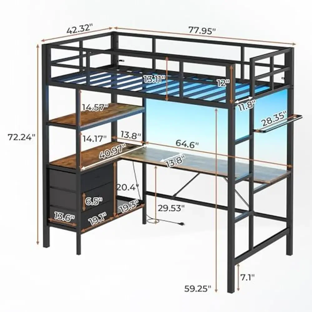 Metal Loft Bed with L-Shaped Desk LED Lights Storage Shelves Twin Size Frame Strong Structure & Safety Guardrails RGB Atmosphere