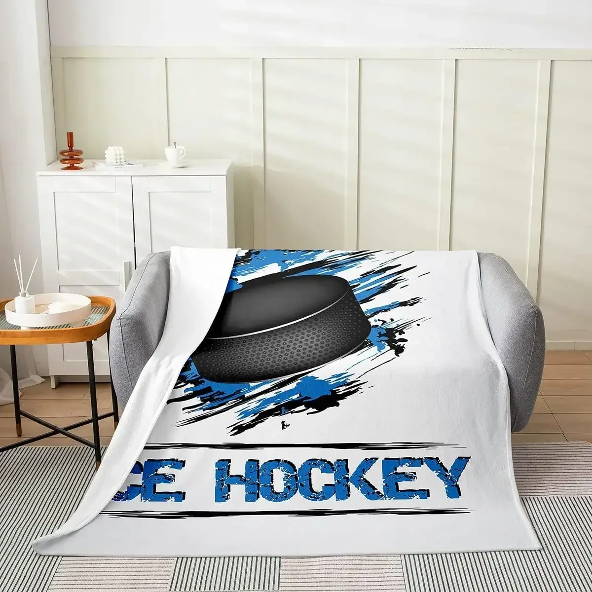 

Ice Hockey Bed Blanket,Blue Black Graffiti Hockey Flannel Blanket for Room Decor,Hockey Stadium Fleece Blanket for Kids