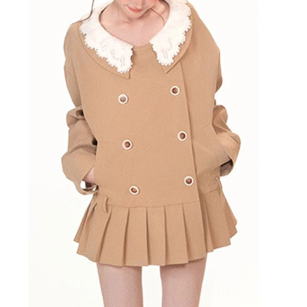 

Doll medium and long trench coat college khaki double row 2025 autumn new temperament loose pleated coat personality