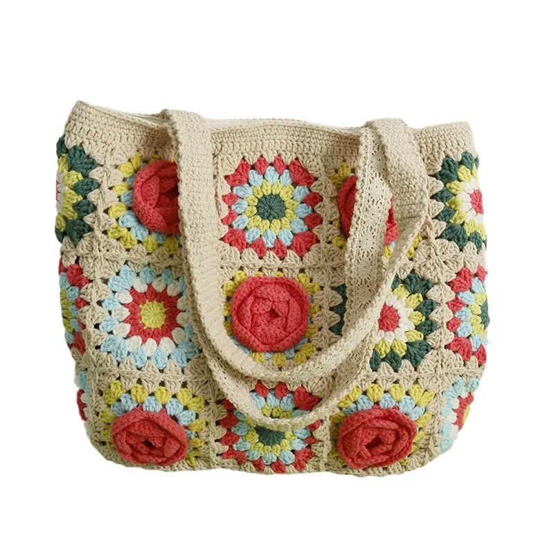 Camellia series hand-woven women's bags, sweet wool crocheted shoulder bags, handmade grandmother bags