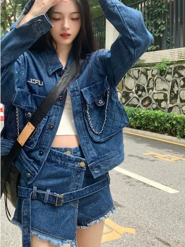 ADAgirl Streetwear Blue Cowboy Tops Coat Asymmetrical Design Lace Up Denim Mini Skirt Autumn Three Piece Sets Womens Outfits