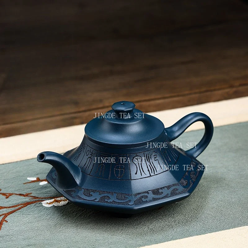Raw Ore Tianqing Mud Zisha Teapot Octagonal Cloud Furnace Sculpture Relief Antique Pattern Calligraphy Yixing Kung Fu Teapot
