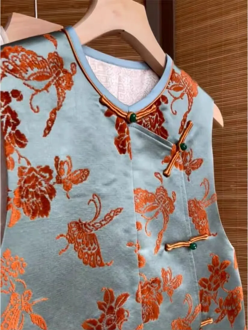 Damska kamizelka w stylu chińskim, nowy trend, mała francuska elegancja, modny top, zapinany na jeden guzik, wzór roślinny.