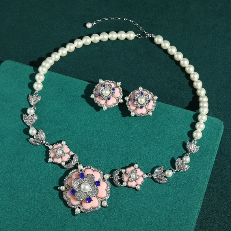 Vintage Pink Glazed Flower Pearl Jewelry Sets Rhinestone Pendant Necklace Earrings Luxury Trendy Classic Party Gift For Women