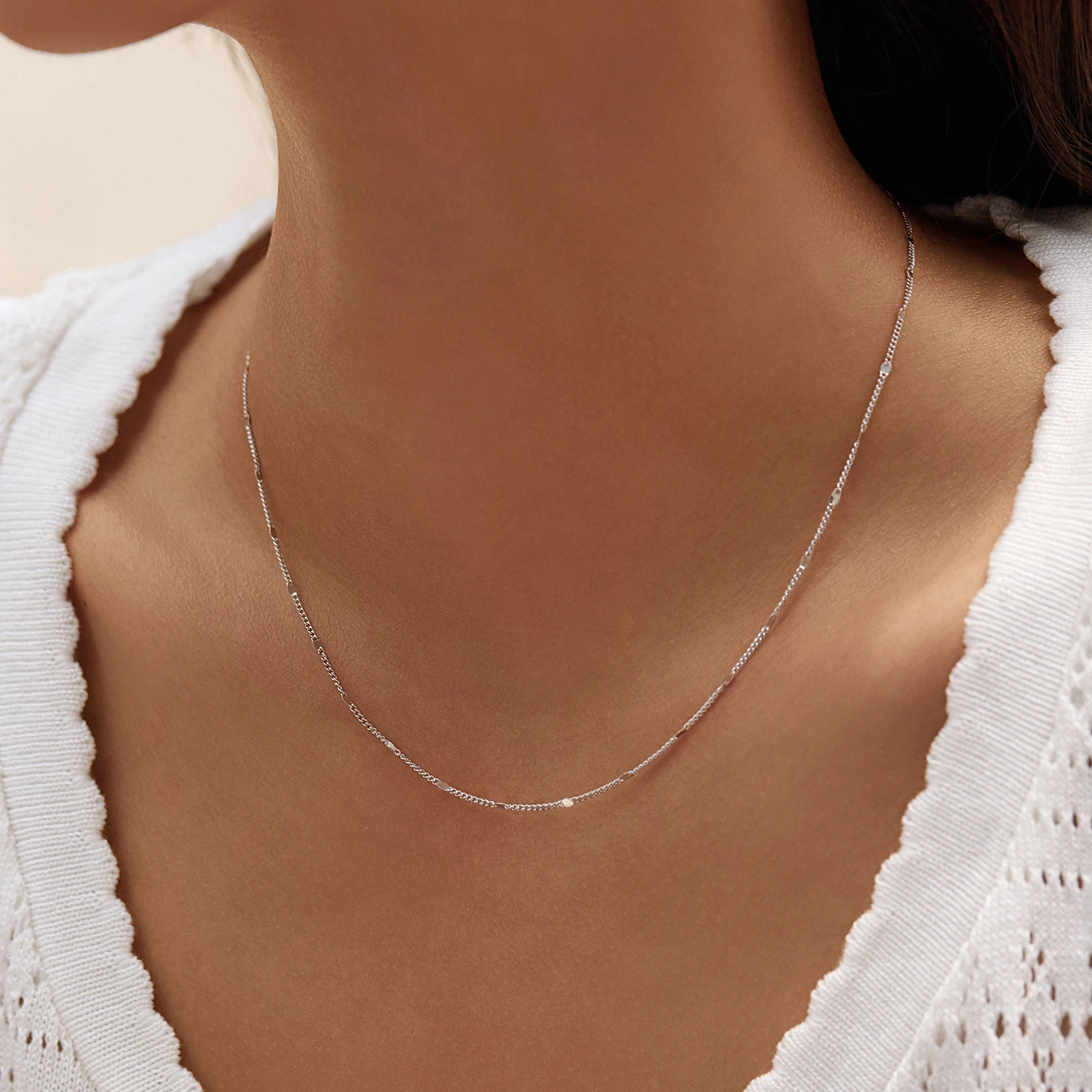MODIAN 925 Sterling Silver Thin Curb Chain Necklace Dainty Flat Slice Spacer Chain Stackable Pendant Necklaces For Women Jewelry