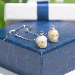 Hand Carved Pearl Skull Earrings for Women , S925 Sterling Silver Jewelry