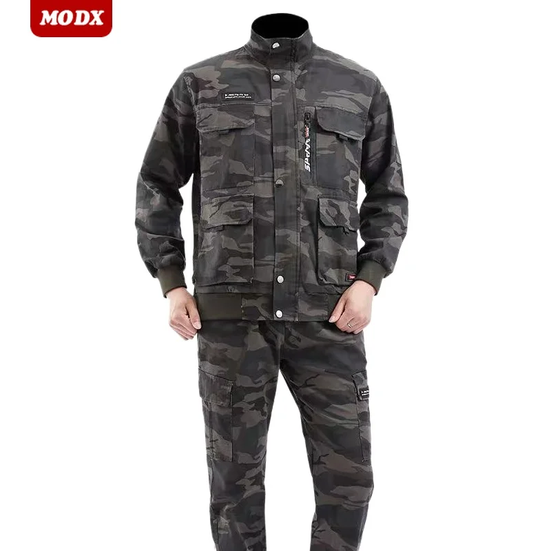 Spring Elastic Work Clothes Set Extra Large Pockets Breathable Wear Resistant Camo Suit Outdoors Training Labor Protection Kit