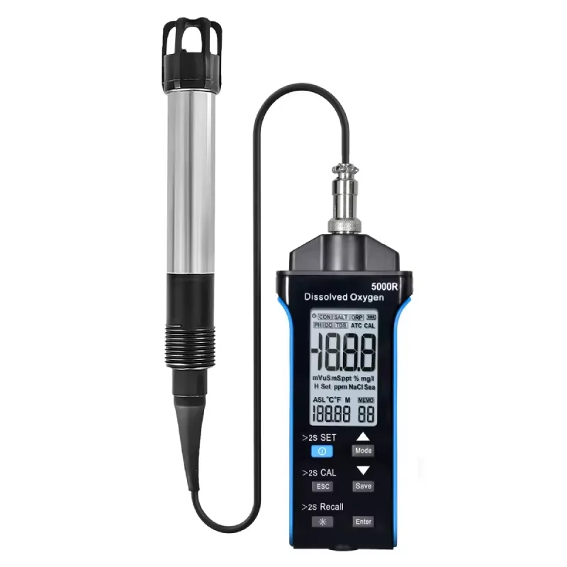 Fluorescence Dissolved Oxygen Meter Portable Water Quality Tester DO Temp 0-20mg/L 0-199.9% SALT ASL Compensation LCD Backlight