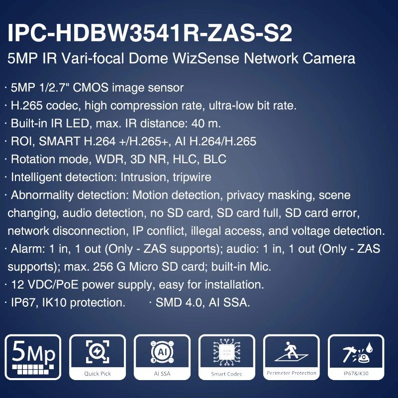 Imagem -02 - Dahua Ipc-hdbw3541r-zas-s2 5mp ir 40m 2.7 Mm13.5 mm Motorizado Vari-focal Dome Wizsense Câmera de Rede Poe Ip67 Ik10 Inteligente ai