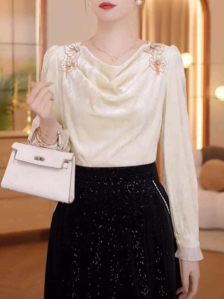 

Ele Embroidered Long Sve Velvet Top Agel round Ne High-End Feel Commute Sle Korean Faion Woolen Knitted irt