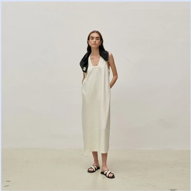 

2024 Spring/Summer New Casual Loose Sleeveless V-neck Tank Top Long Dress