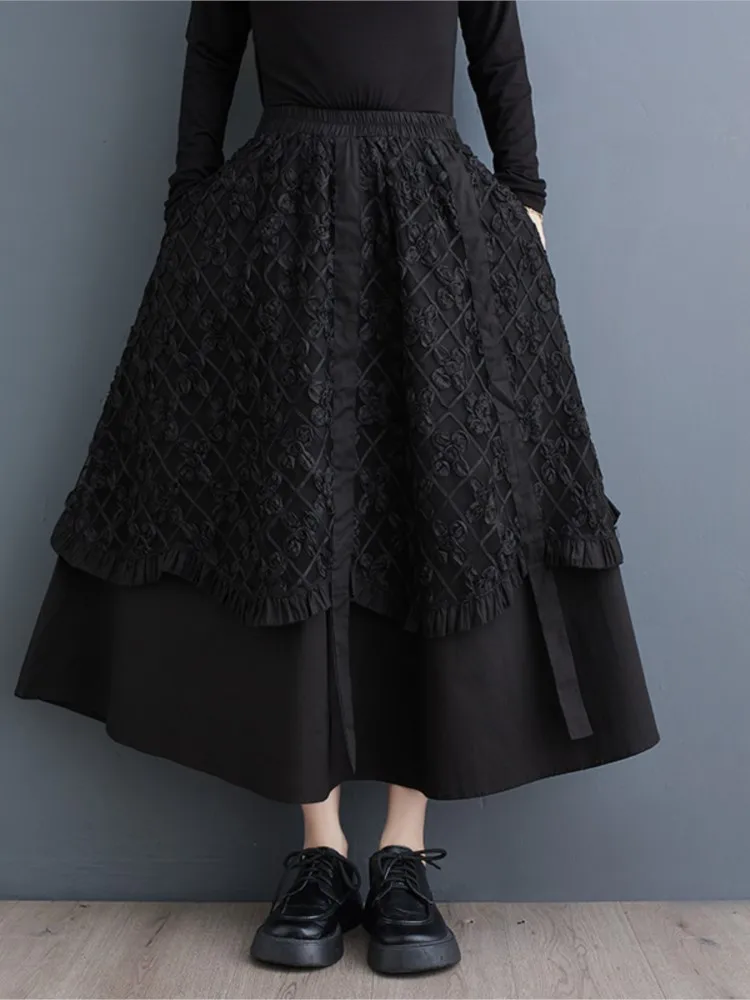 Oversized Spring Midi Skirts Women Embroidery Patchwork Korean Style Loose Ruffle Pleated Ladies Skirts High Waist Woman Skirts