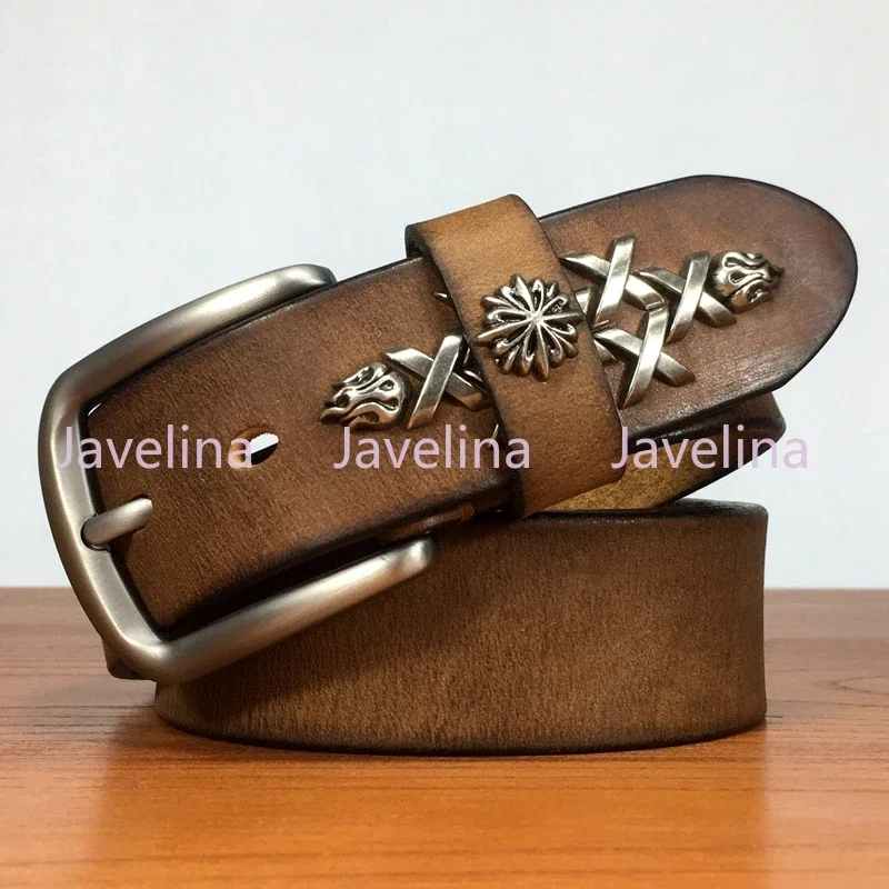 Handmade Top Layer Cowhide Belt, Youth Needle Buckle Genuine Leather Belt, Casual Personality Retro Paired with Jeans
