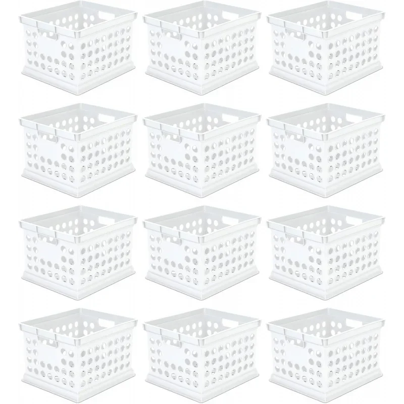 Stackable Plastic Storage Crate Bin Organizer File Box with Handles Home, Office, Dorm, Garage, or Utility Organization, Whi