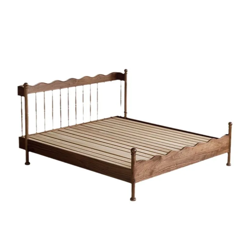 

Nordic solid wood bed, simple and retro, Japanese master bedroom, double black walnut soft bed