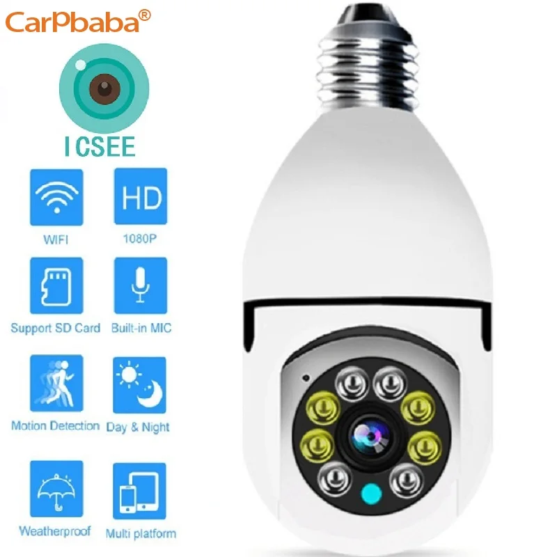 carpbaba camera de vigilancia com visao noturna lampada wifi colorida rastreamento rotativo 360 conversa bidirecional casa inteligente icsee 1080p e27 01