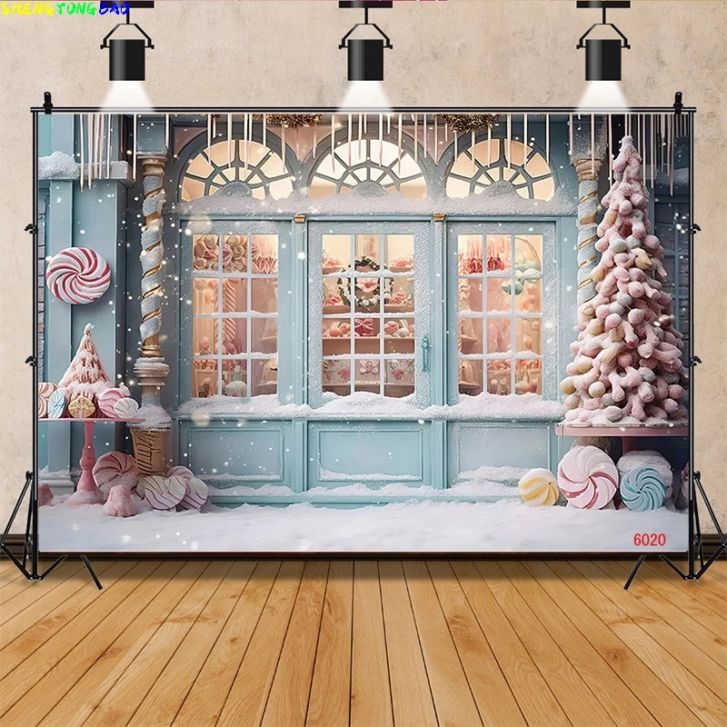 

Vinyl Custom Christmas Day Candy Family Portrait Photography Backdrop Wooden Door Snowman Cinema New Year Background Prop WW-10