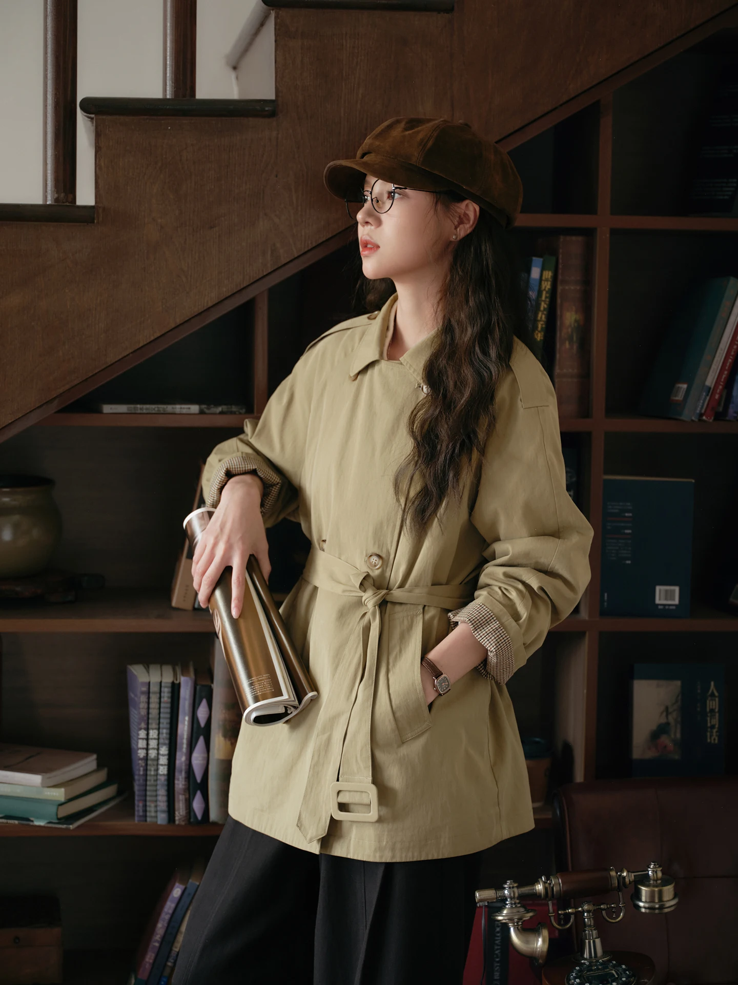 Loose Women's Khaki Coat Double Breasted mid Length Flip Collar Windbreaker Casual Style Cotton Blend Fabric Breathable