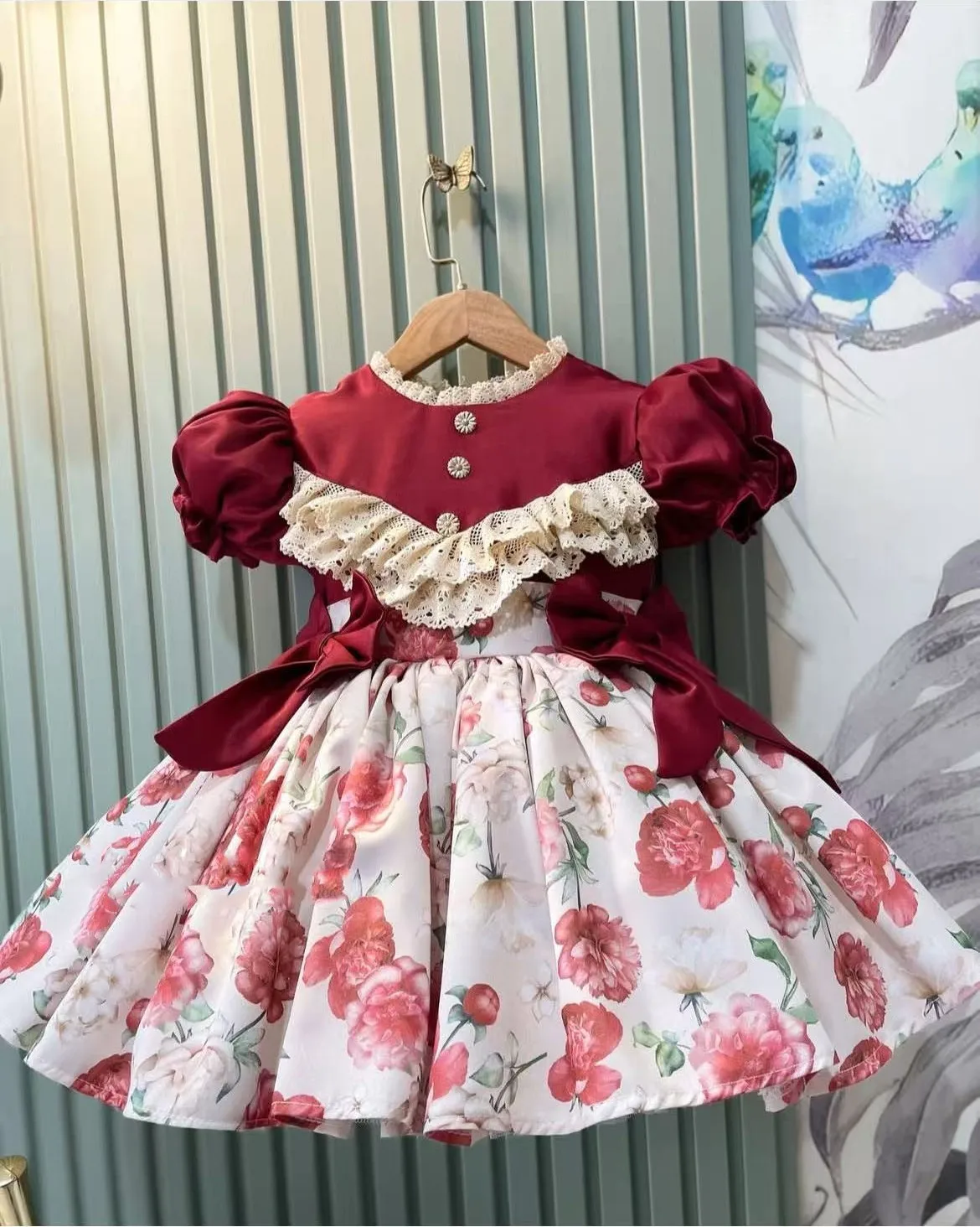 

0-12Y Baby Girl Summer Burgandy Red Rose Flower Vintage Princess Ball Gown Dress for Party Birthday Casual Eid Christmas B103