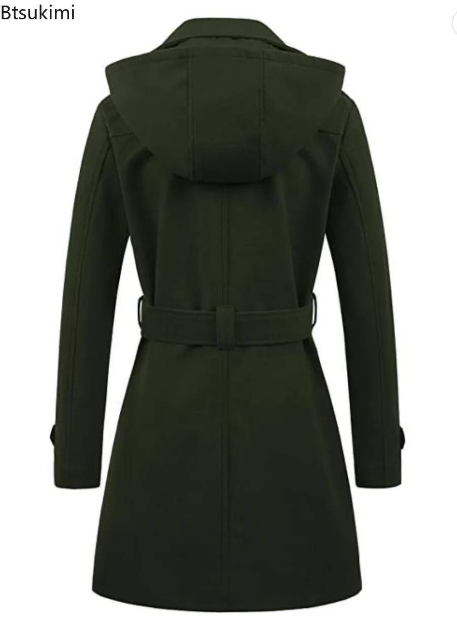 Woman Hooded Jackets Mid-length Double-breasted Ladies Overcoats Woolen Lapel Turndown CollarTop Winter Warm Jacket Streetwear