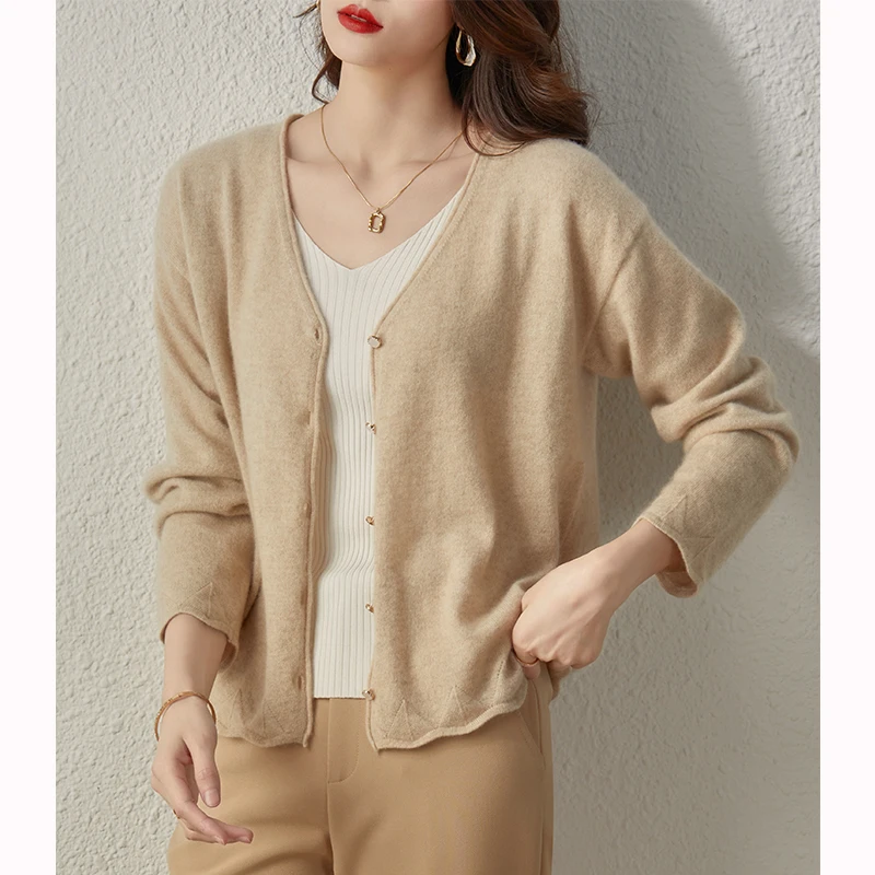 High-end Fashion Women V-neck Cardigan 100% Cashmere Sweater Spring Autumn Long Sleeve Soft Office Lady Basic Knitwear Tops