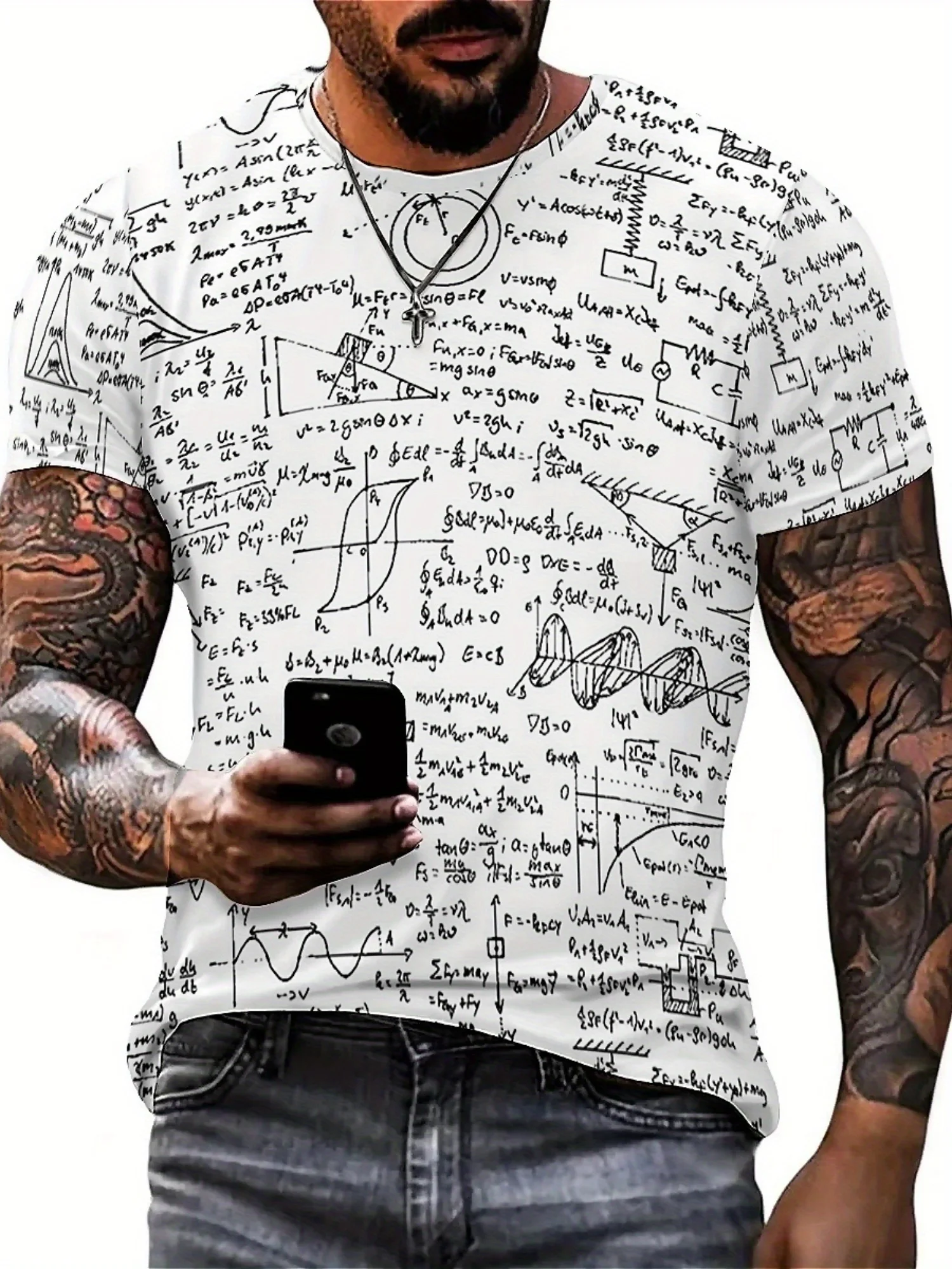 Men's 3D Geometric Print Short Sleeve T-Shirt - Soft Polyester Fabric, Round Neck, White with Black & Gray Formula Design