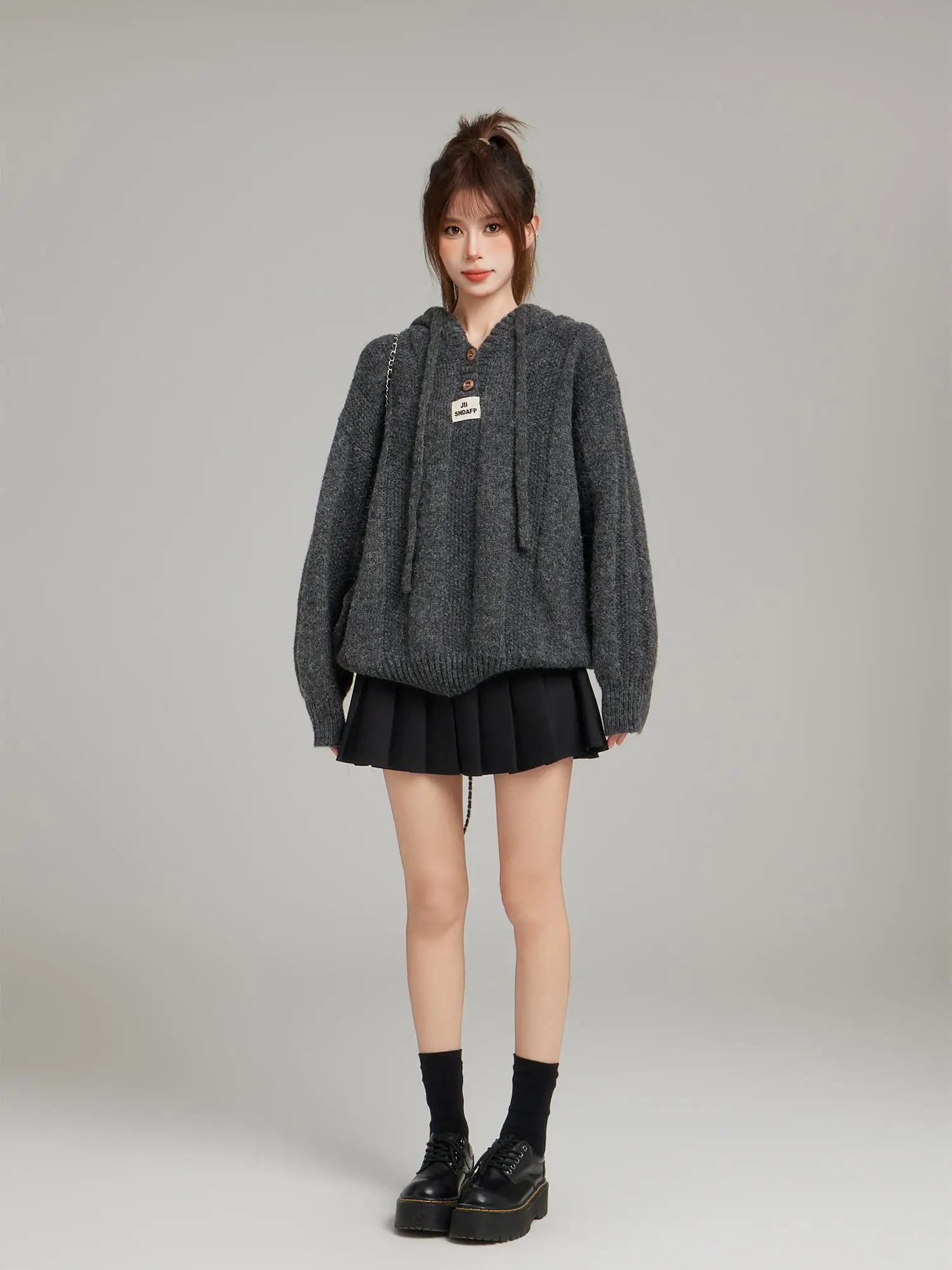 アメリカンスルールーズティエンドニットウールセーター女性用秋冬カジュアル帽子スウェット着やすいアウターウェア