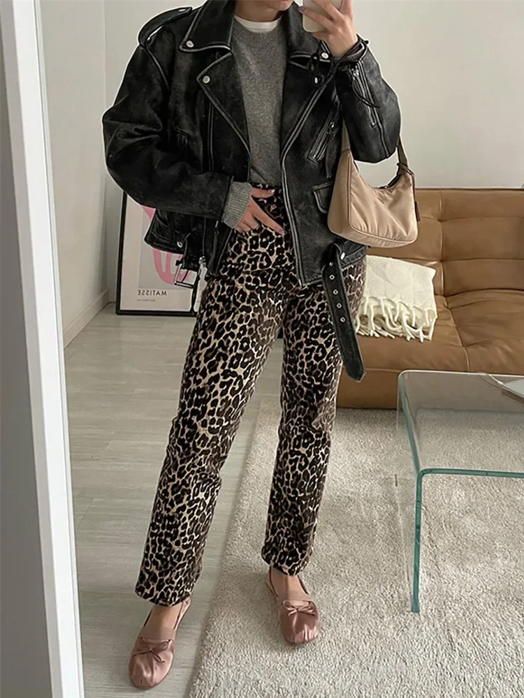 

Fashion Leopard High Waist Pants Women Casual Loose Straight Trousers Female Vintage Versatile Streetwear Jeans Spring Summer