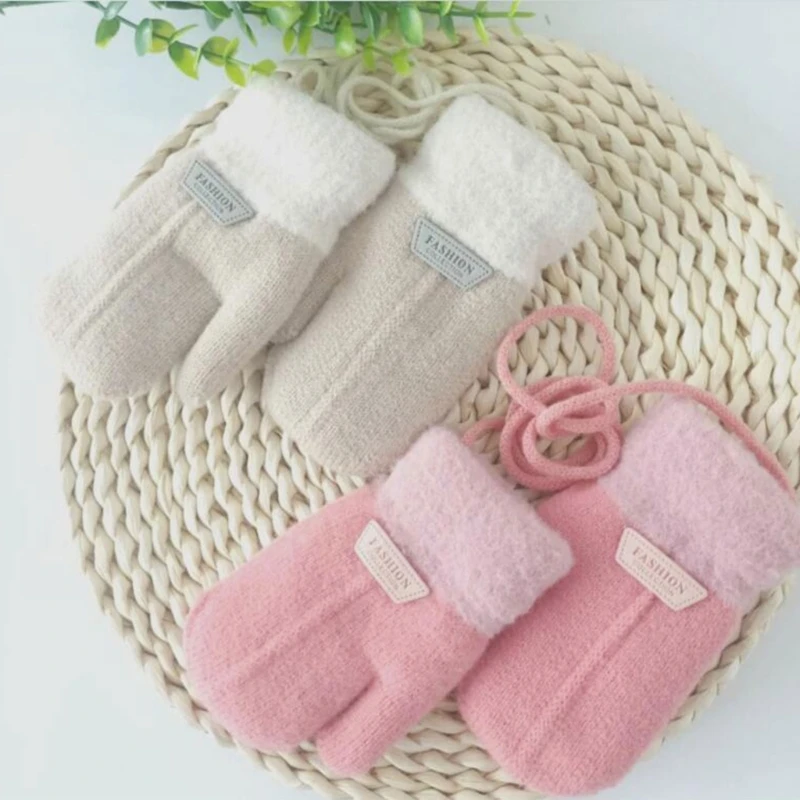 1-7Y Baby Boys Girls Winter Knitted Gloves Warm Rope Full Finger Thick Mittens Gloves for Children Toddler Kids Accessories