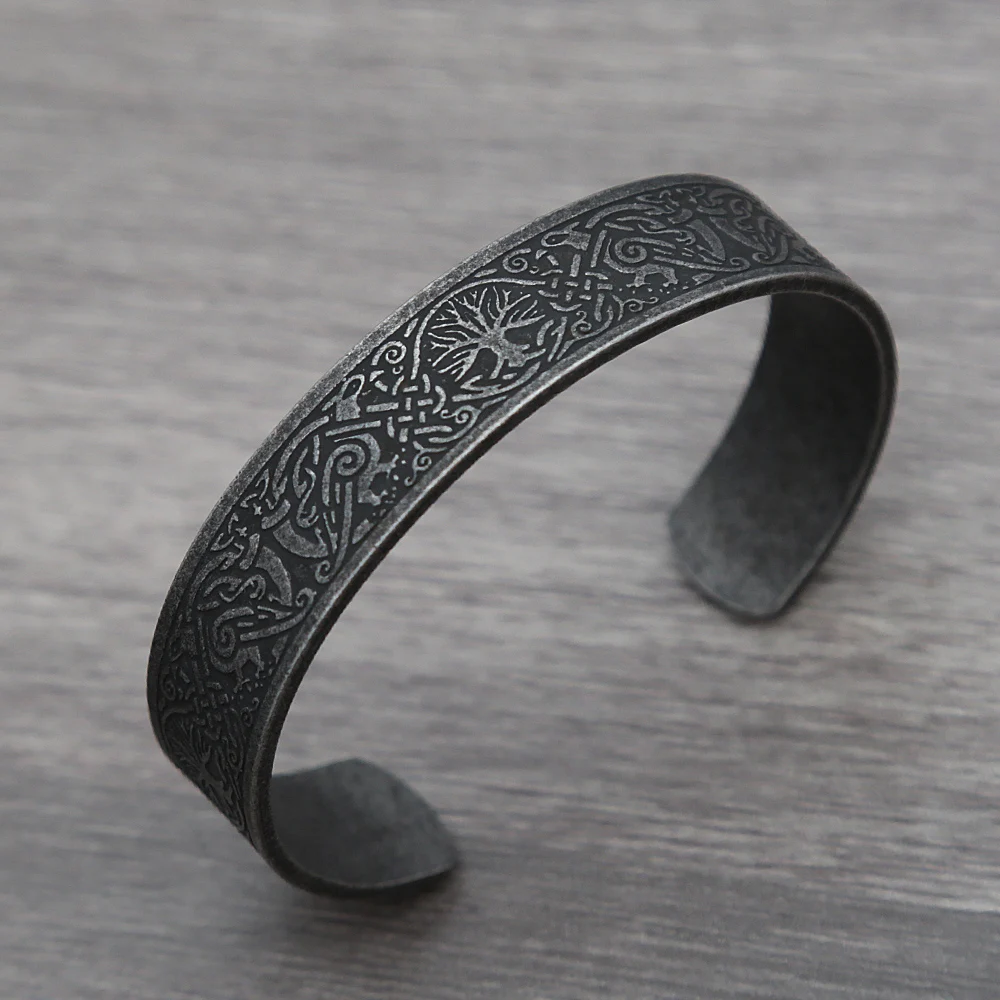 Black Stainless Steel Viking Rune Bracelets For Men Women Retro Viking Tree of Life Bracelet Biker Fashion Jewelry Amulet Gift image 3