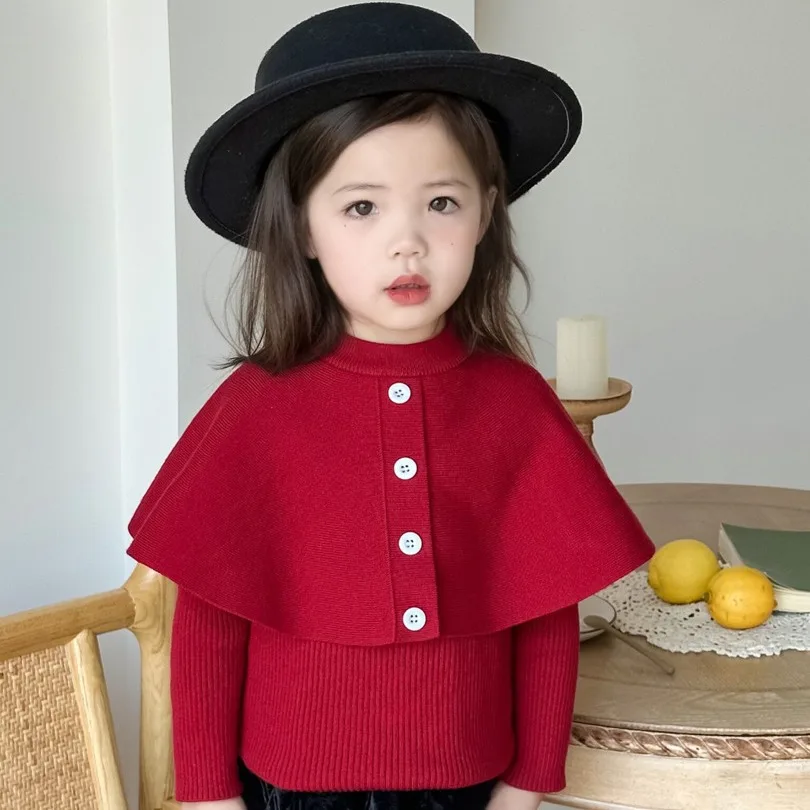 Wholesale girls fashion cape sweater children's clothing everything with red sweater