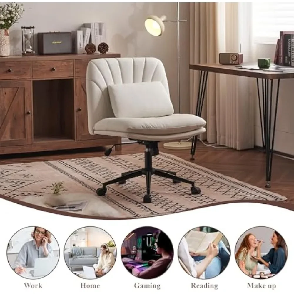 Sillón de altura ajustable para oficina en casa, silla de oficina con patas cruzadas de cuero, silla de trabajo de tocador giratoria ancha con cojín para la cintura