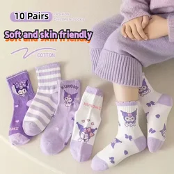 10Pcs/set Sanrio Female Cotton Socks Cartoon Cinnamoroll My Melody Kuromi Girls Soc ks Student Mid-tube Non-slip Socks Girl Gift