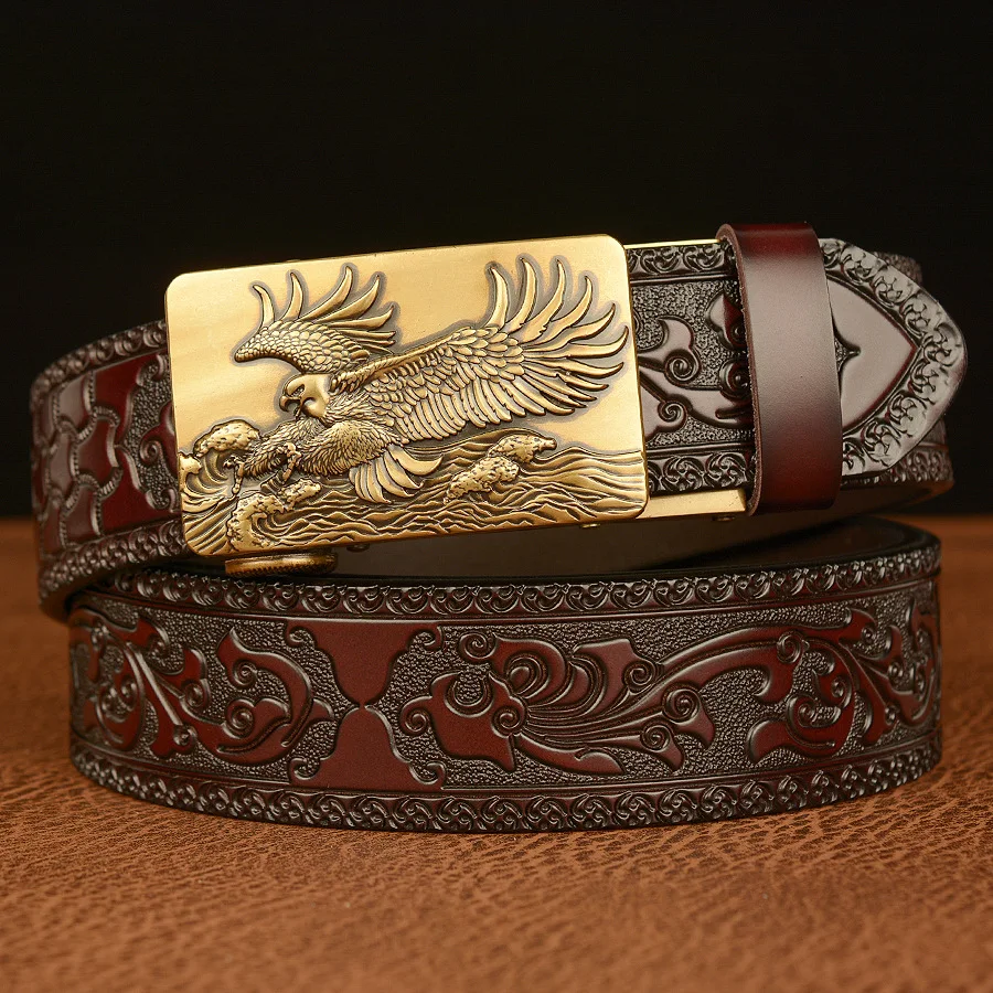 

New Eagle Spreading Wings Automatic Buckle Men's Belt, Cowhide Personalized Carved Belt, Casual Retro Men's Belt