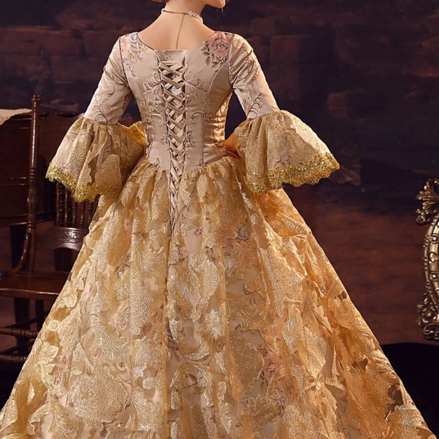 황금 자카드 트레일링 유럽 법원 의상 러시아 티 파티 사진 역할 놀이 탁상 게임 드라마 드레스 Ballkleid Luxuskleid