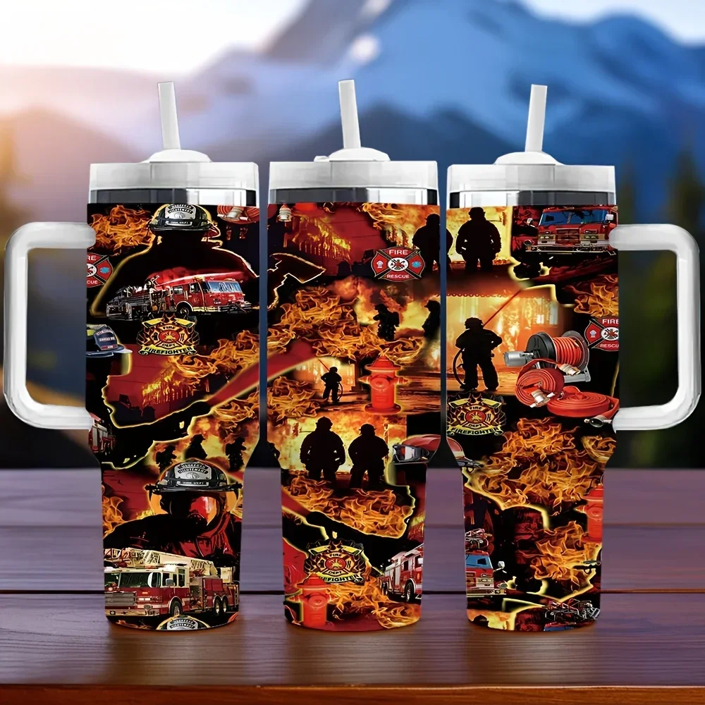40Oz Firefighter Pattern Printed Insulated Tumbler with Handle, Features Long-Lasting Insulation, Ideal Holiday Birthday Gift for Firefighter Lovers, Suitable for Daily Use And Outdoor Indoor Activities