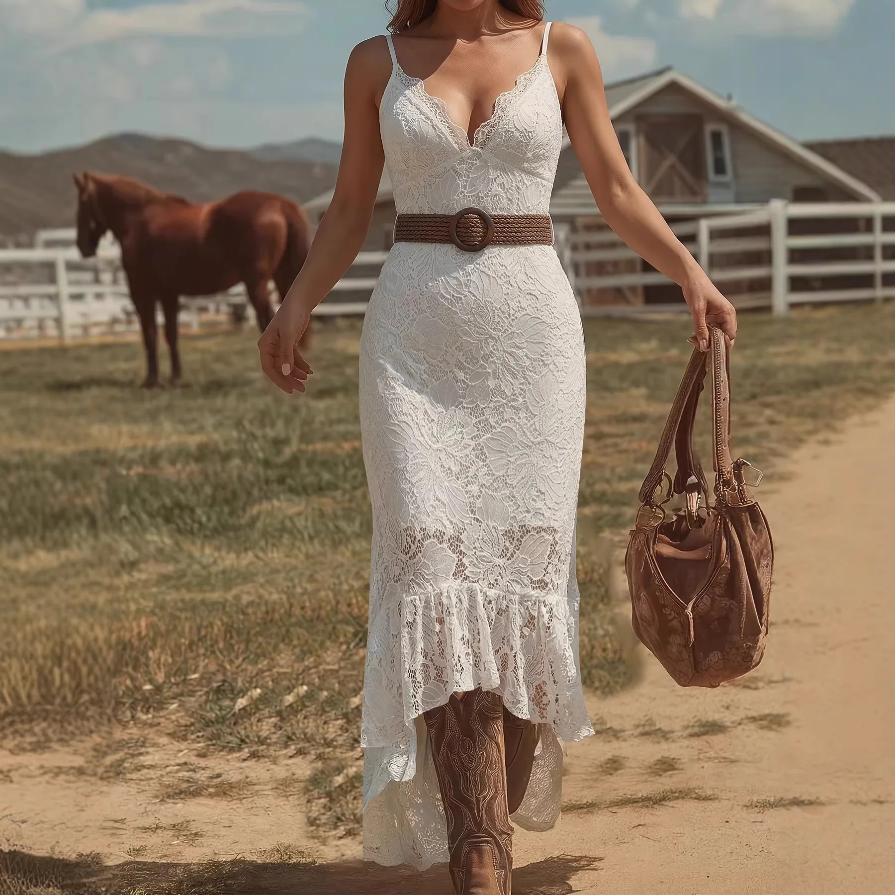 

Halter Lace Dress White V-neck Waist Ruffle Edge Fishtail Skirt Banquet Dress Skirt