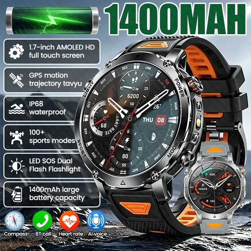 2026 1400mAh Großer Akku Smartwatch für Männer Outdoor GPS Taschenlampe IP68 Wasserdicht Bluetooth-Anruf AMOLED Militär-Sport-Smartwatch