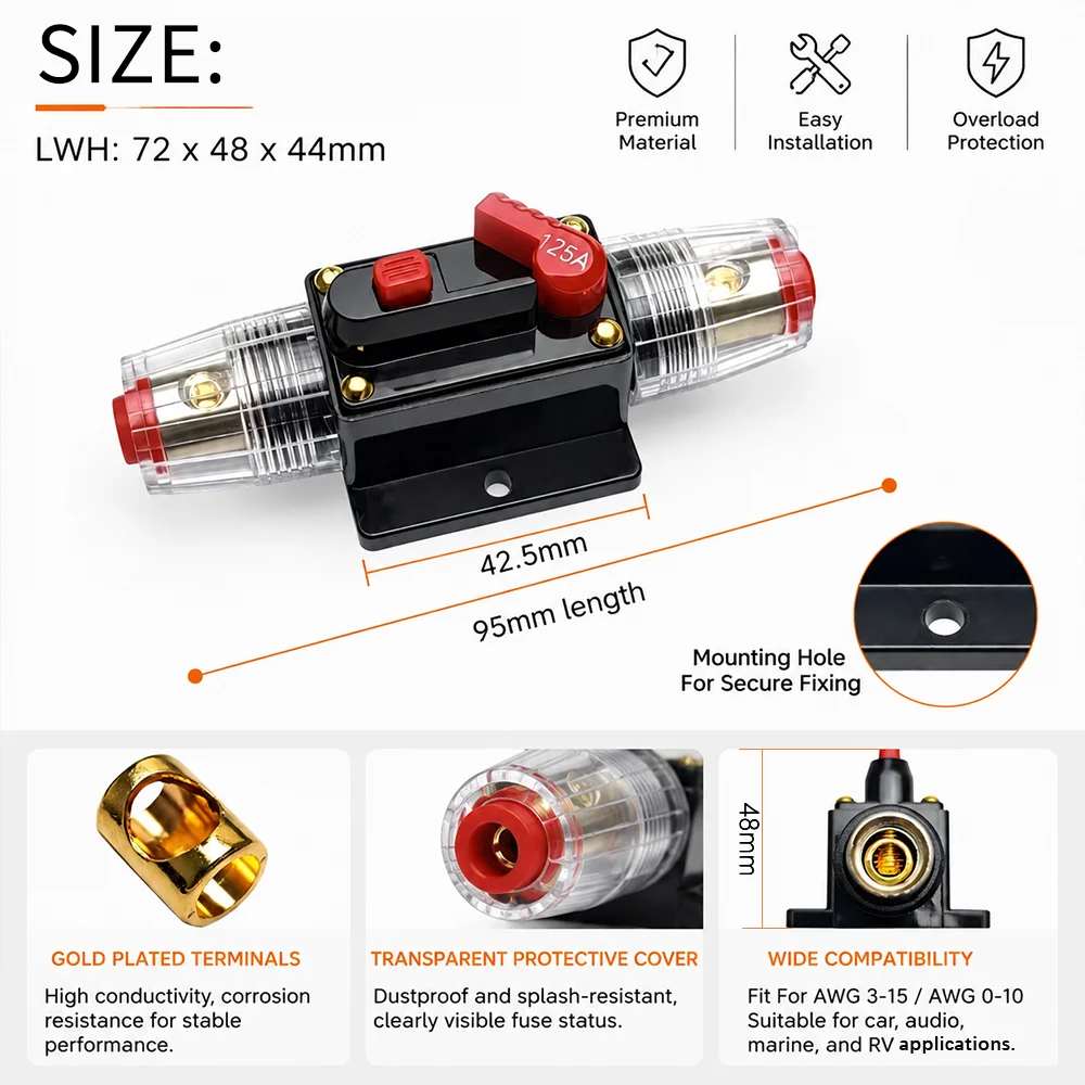 Kcimo 20A‑150A DC 12‑24V Manual Reset Circuit Breaker Waterproof Reset Fuse for Car Audio Marine Boat RV Solar System