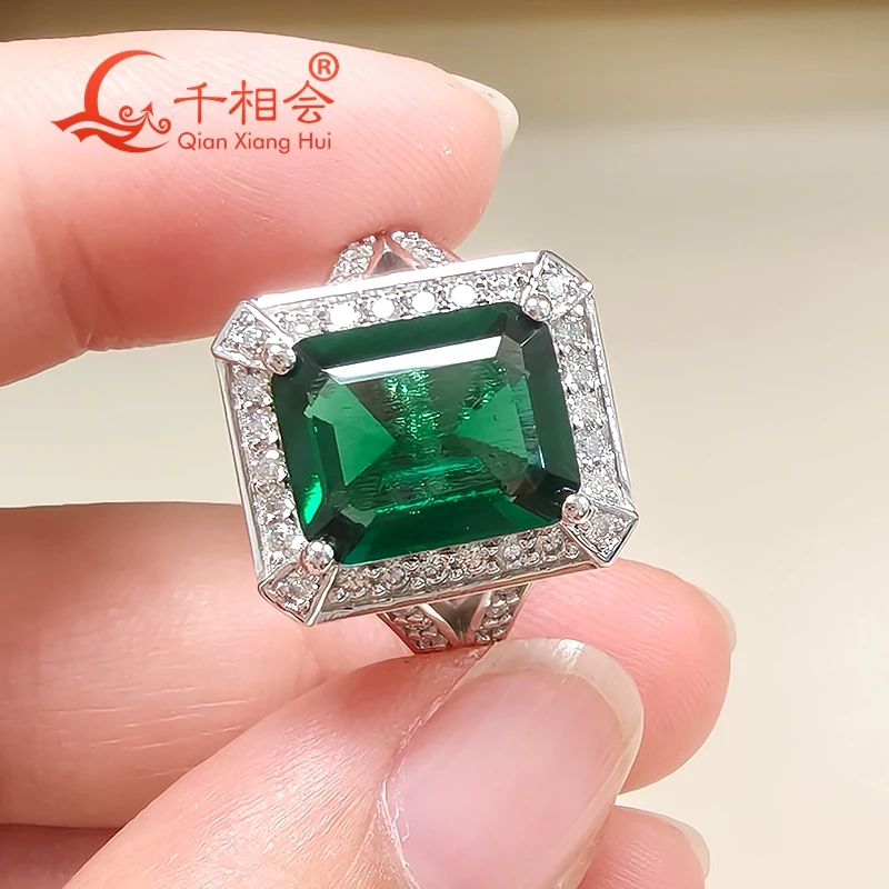

S925 Silver Green Color Emerald Ring 9x11MM Created Hydrothermal Muzo Emerald with Melee Moissanite for Wedding Jewelry
