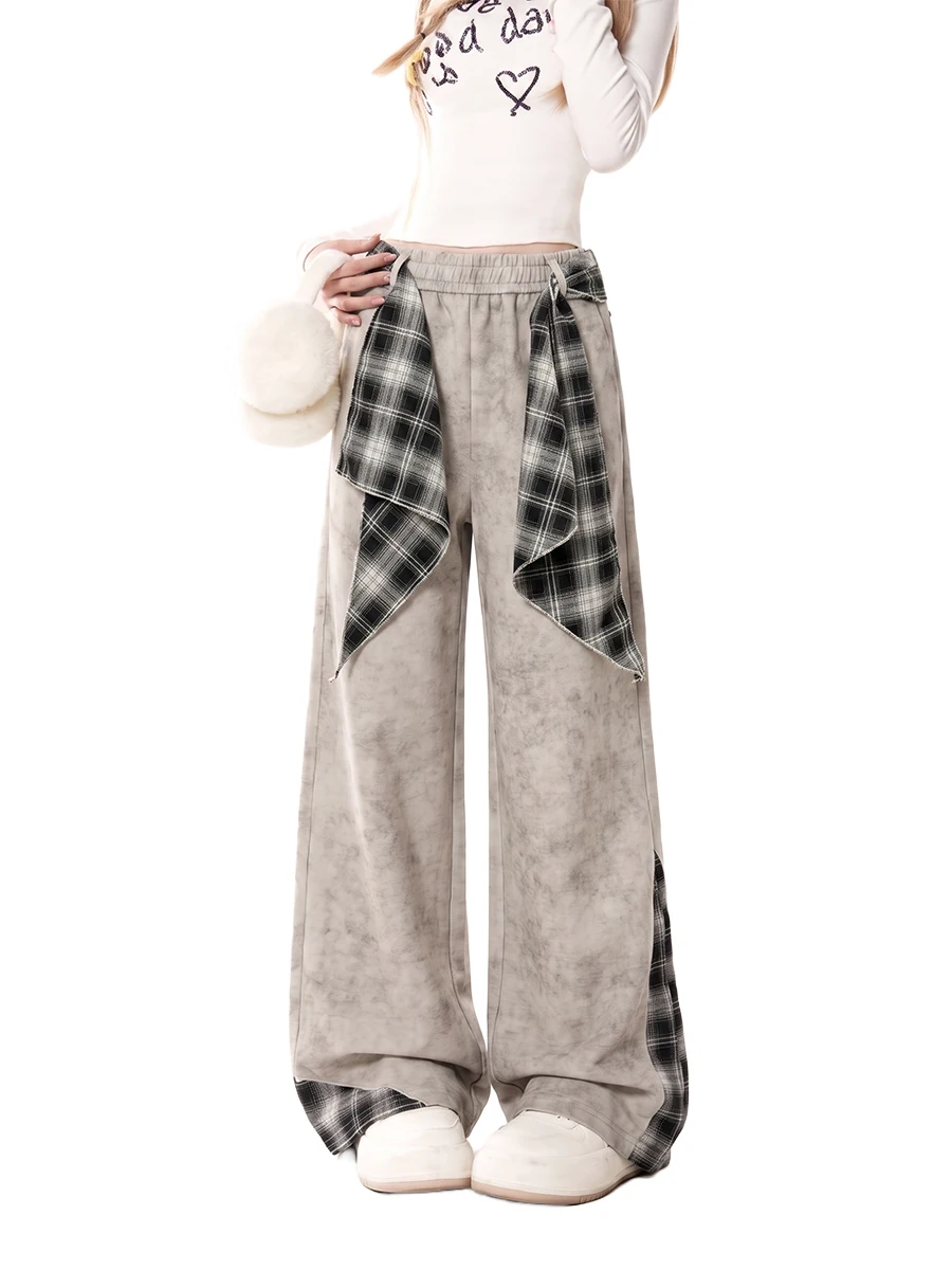 High Waist Wide Leg Pants Women's Loose Fit Street Style Patchwork Autumn 2026 American Style Trousers Cotton Plaid Pattern