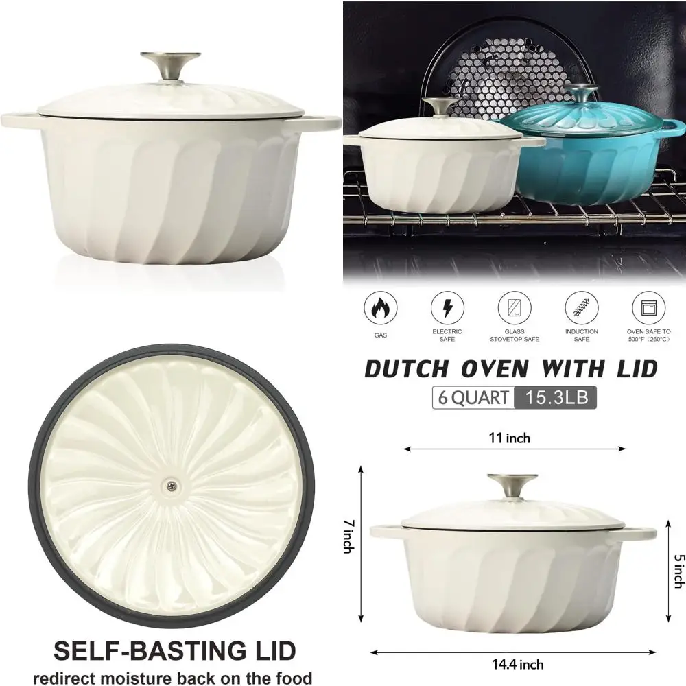 

6-Quart Enamel Cast Iron Dutch Oven with Lid - Perfect for Bread Baking, Cooking, Baking, and Oven Use