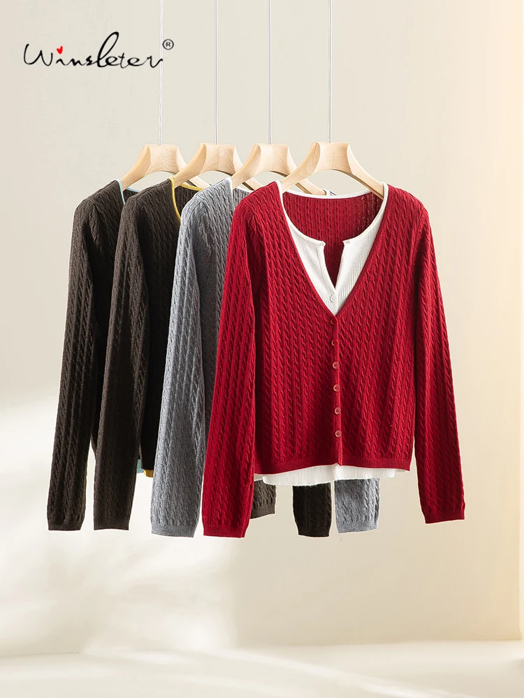 

Winsleter-4,4% элегантный свитер из овечьей шерсти, однотонный с v-образным вырезом, женский модный универсальный искусственный кардиган из 2 предметов, осенняя новинка 2023 года T5O533CC