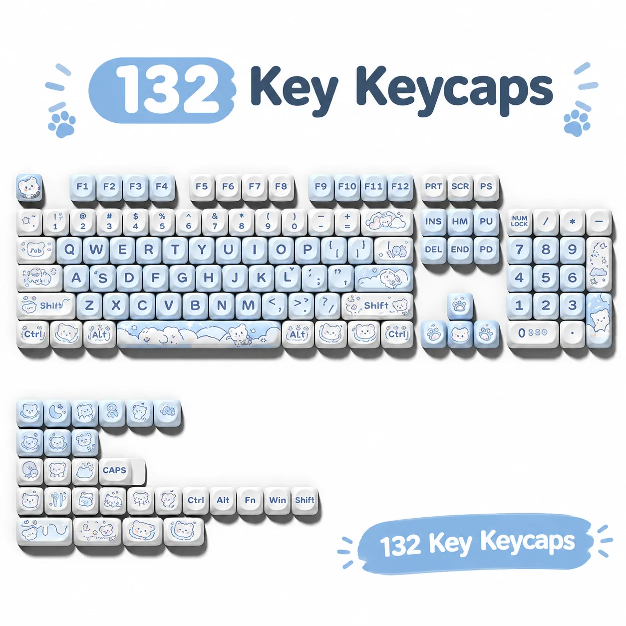 Blue Ice Cream Bear Keycaps,Cute MOA Profile Dye-Sub PBT Key Caps Set For MX Switches Mechanical Keyboards 60% 75% 80% 100%