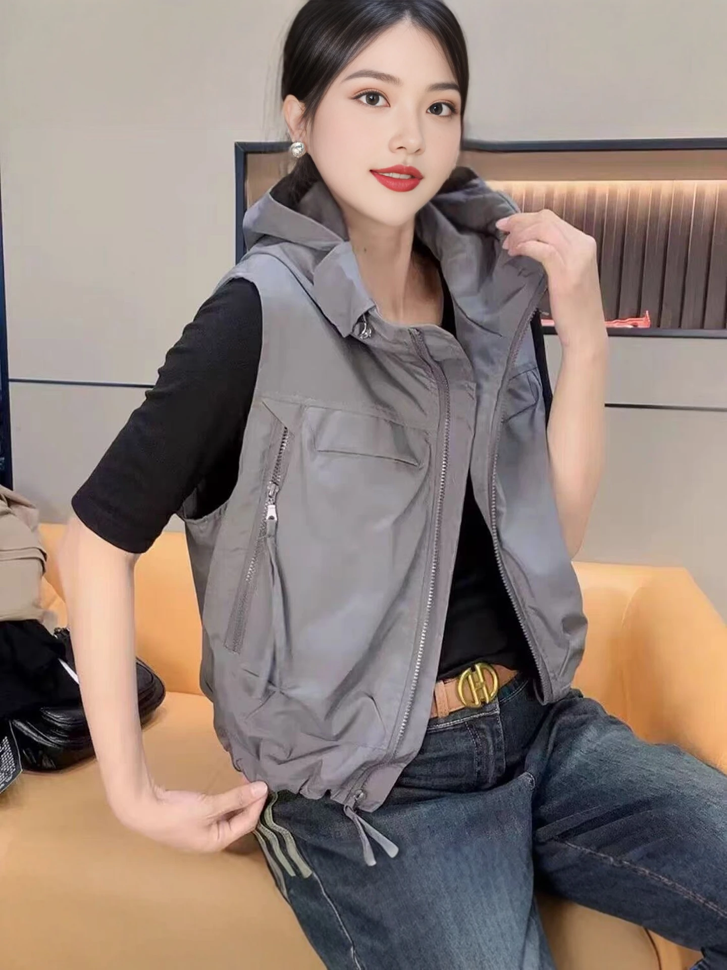 

Women's Hooded Jaet Vest Autumn New Sle Outdoor Sports Slimming Large Size Svel Outerwear Faionable Commute